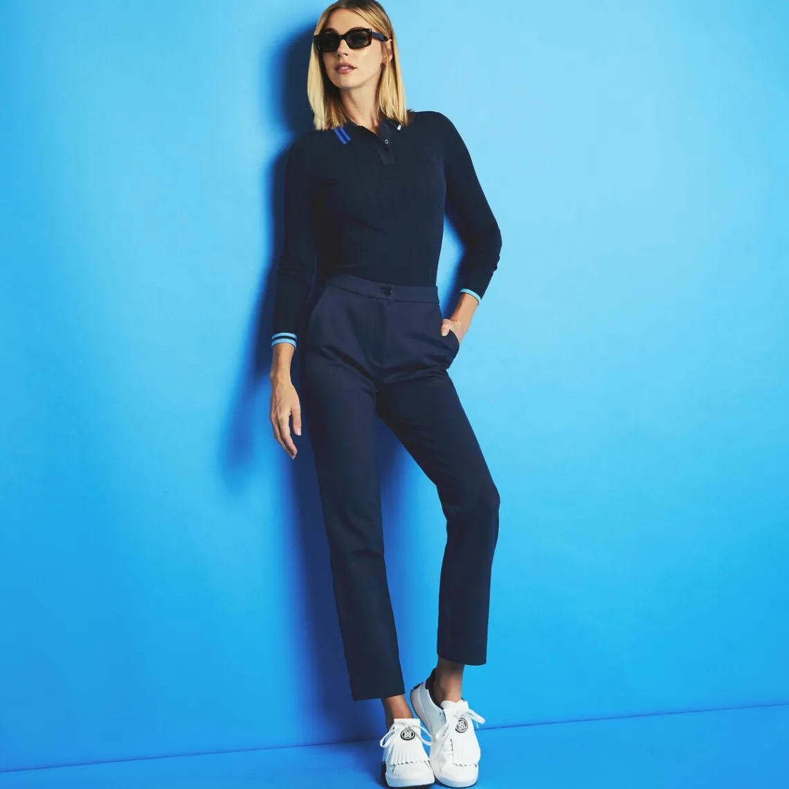 Sweaters-G/FORE Contrast Stripe Cotton Blend Ribbed Long Sleeve Knit Polo